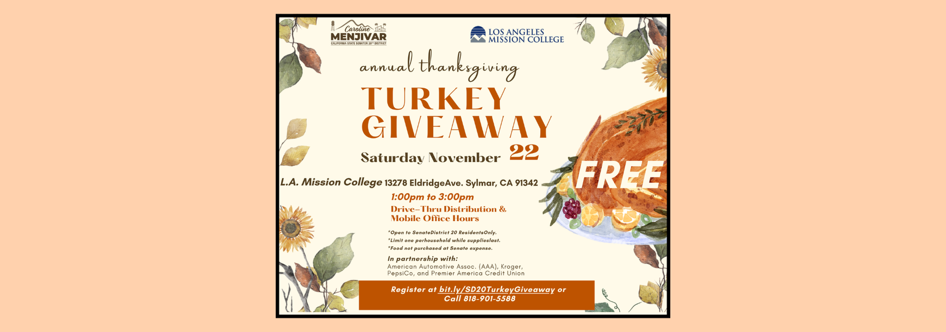 Los Angeles Mission College Turkey Giveaway Saturday November 22, 2025 from 1:00 pm to 3:00 pm