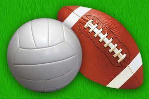 A volleyball and football resting on a textured green background.