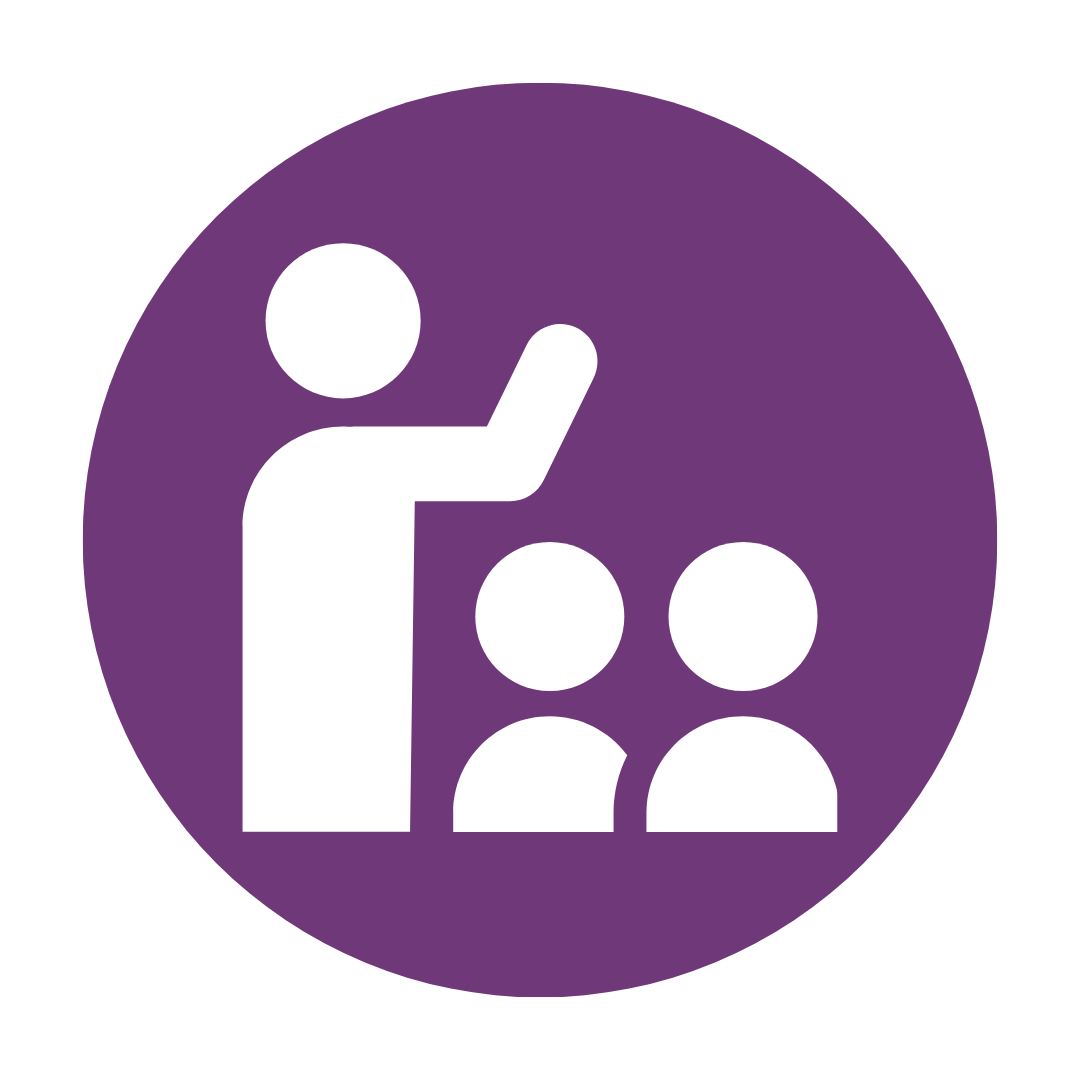 white teacher icon on purple circular background