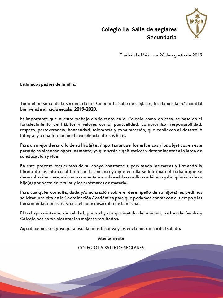 Carta De Bienvenida A Padres De Familia  Compartir Carta