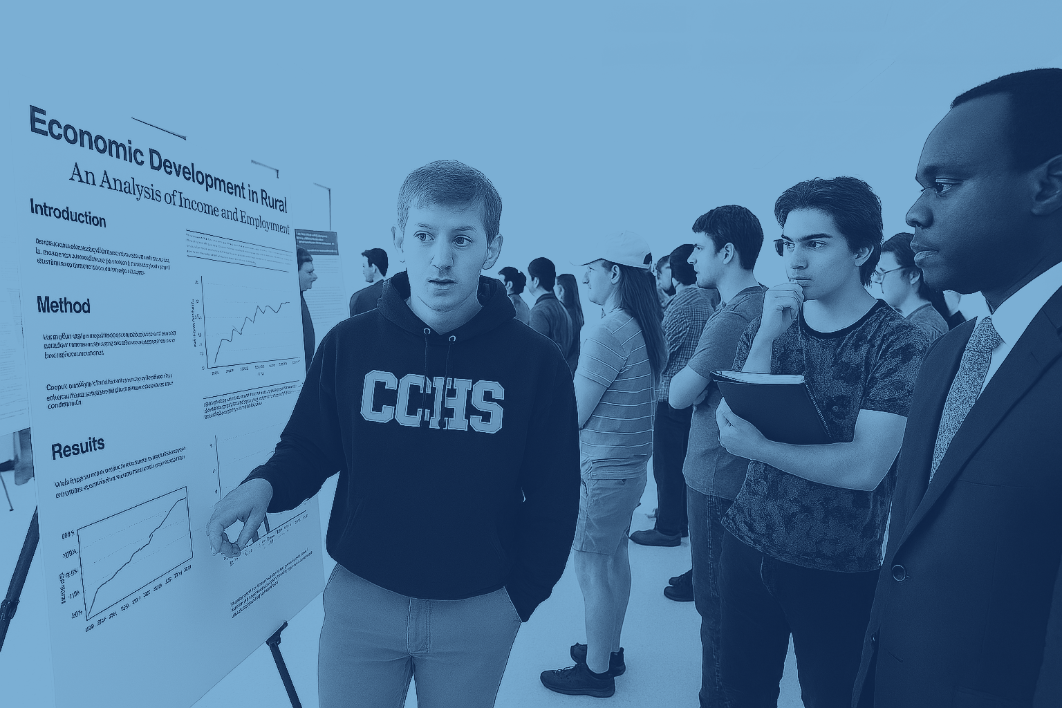 Student presenting information to interested onlookers.