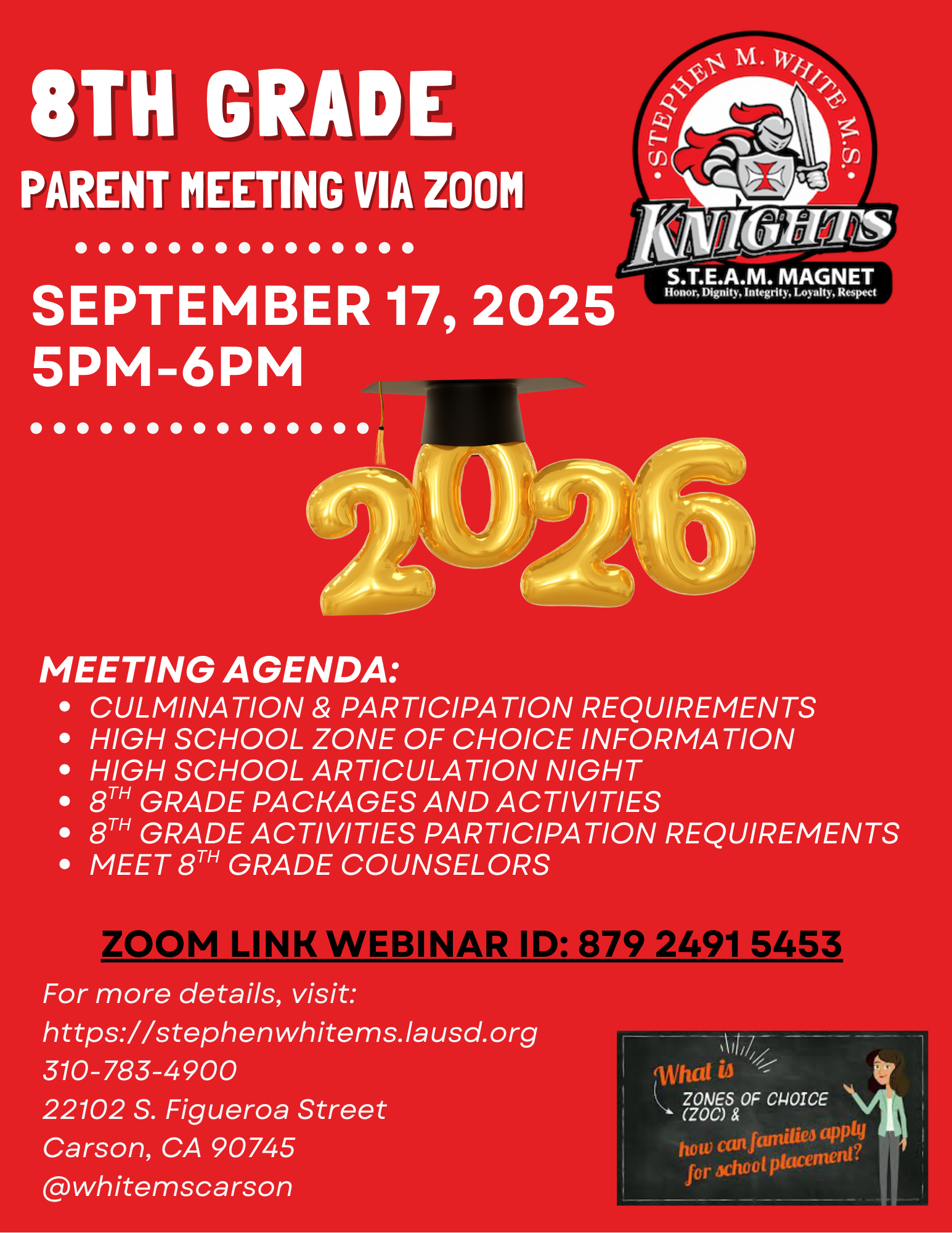 8th Grade Parent Meeting via Zoom 9/17/25 5-6pm | Stephen M White ...