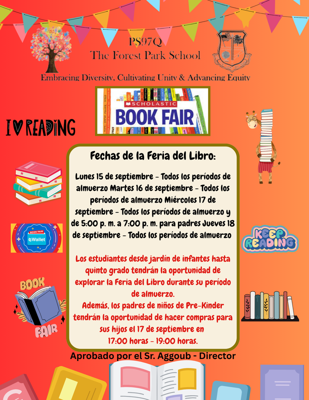 Red flyer with date and time for our book fair in Spanish