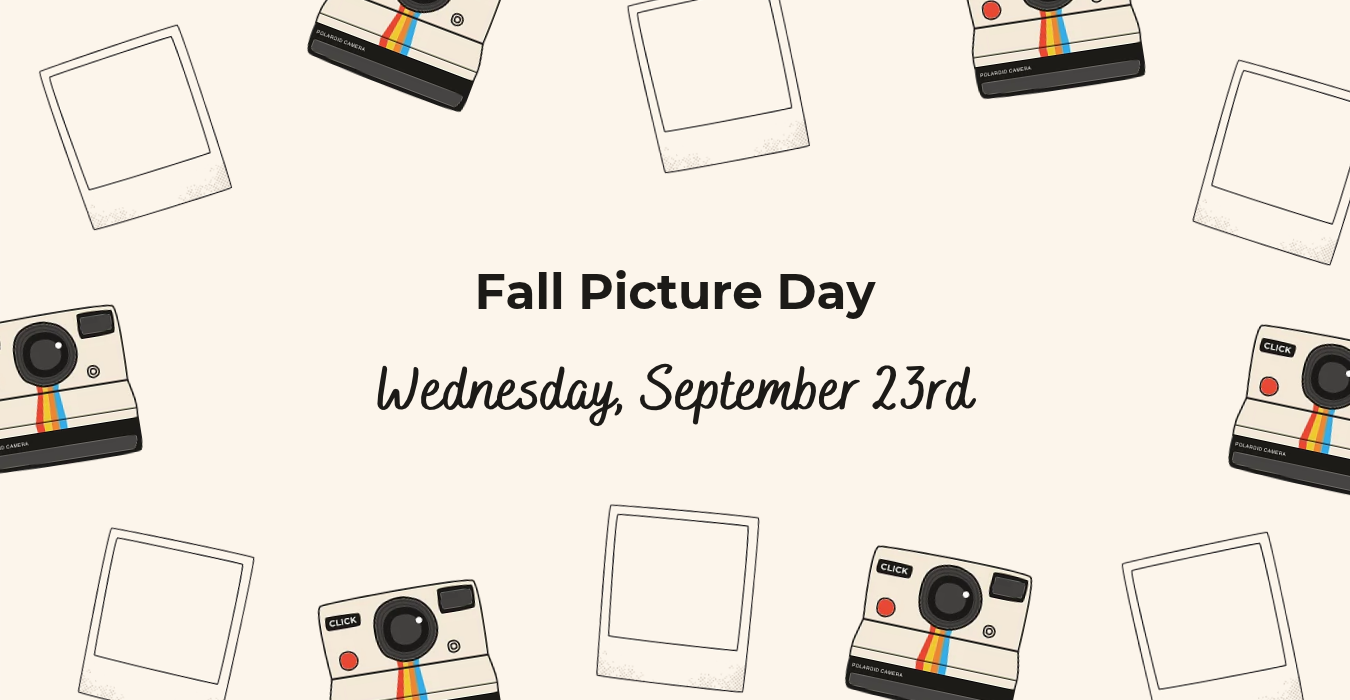Background with retro cameras and empty frames for Fall Picture Day announcement.