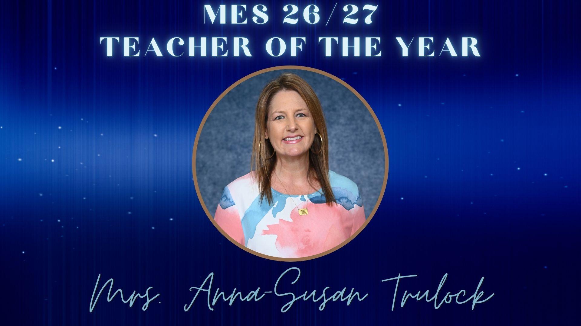 Award announcement for Teacher of the Year, featuring a smiling woman.