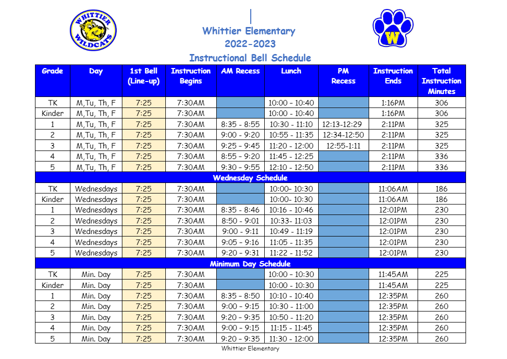2022 2023 Bell Schedule Bell Schedule Whittier Elementary School