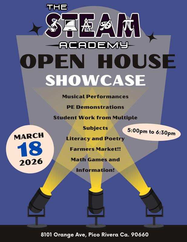 Join us Wednesday, March 18th from 5:00–6:30 PM for our STEAM Showcase, where families can explore student work, enjoy math games, literacy and poetry activities, PE demonstrations, and our Farmer’s Market.