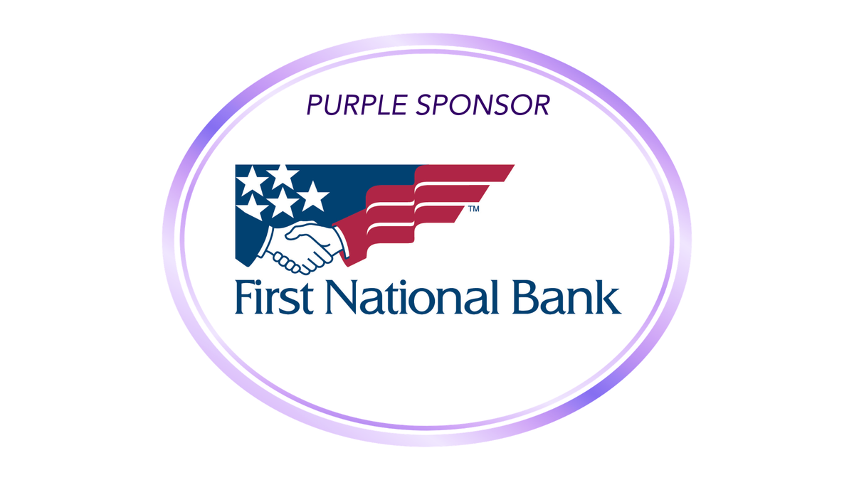 purple oval with first national bank logo inside