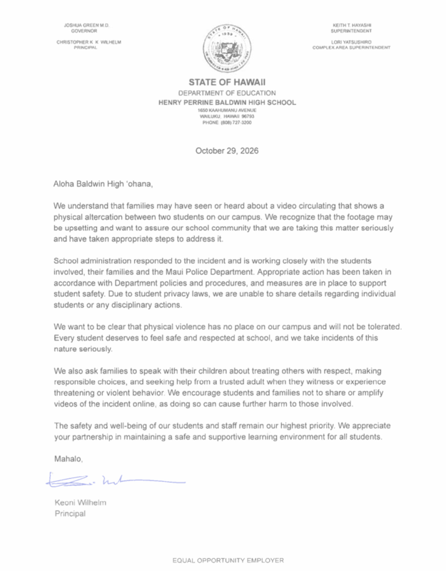 letter home to parents about physical altercation