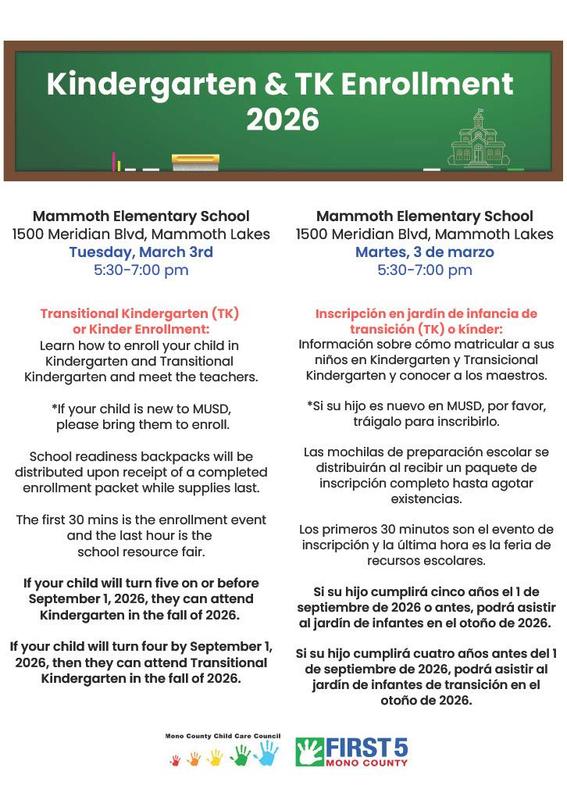 Enrollment flyer for Kindergarten and TK at Mammoth Elementary School, including details.