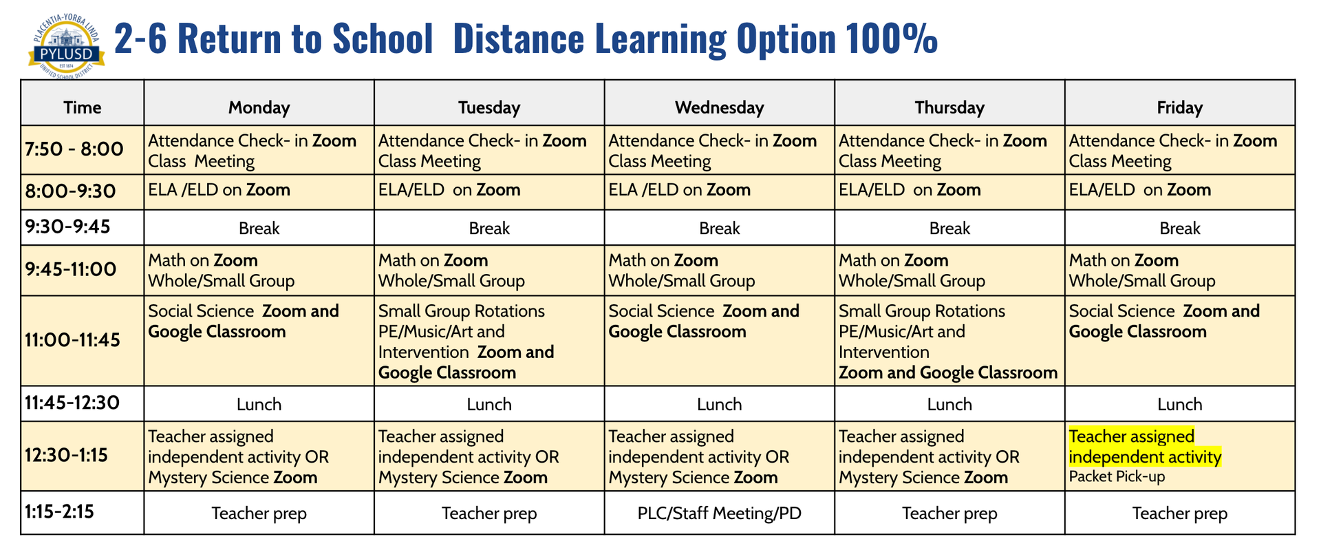 2-6 Remote Learning Bell Schedule.