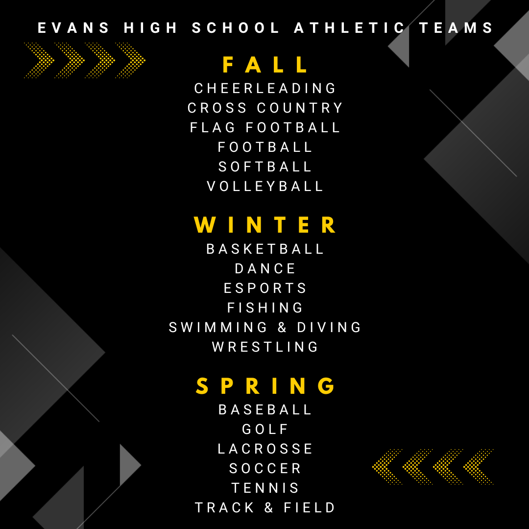 Black image listing athletic teams at EHS