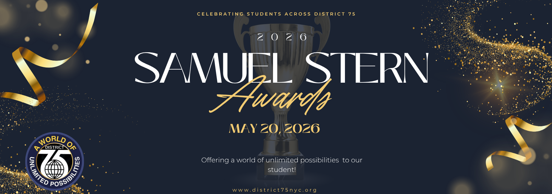 Gold trophy with confetti and ribbons announcing the Samuel Stern Awards 2020.