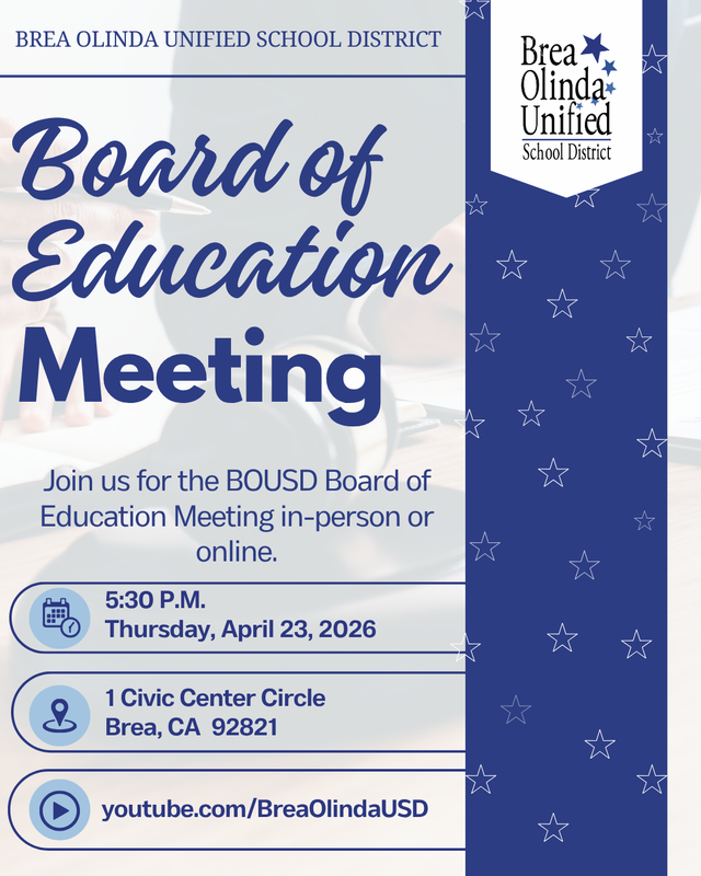 A decorative flyer announcing the next board meeting on April 23