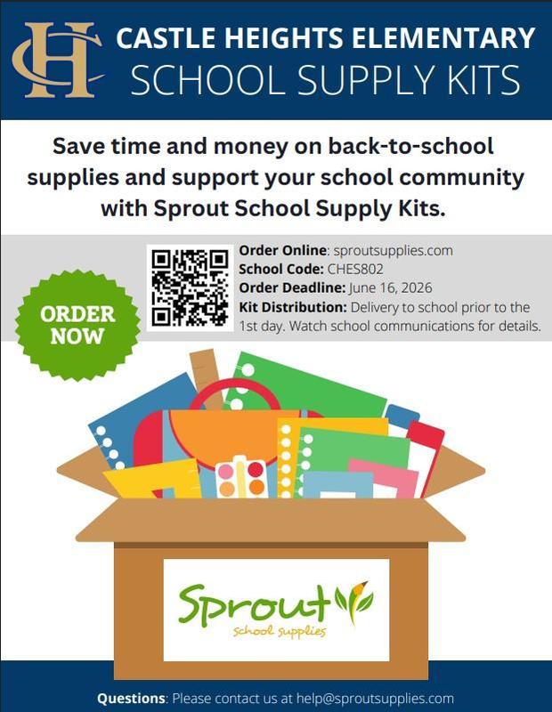 Colorful flyer for school supply kits, featuring supplies in a box and ordering details.