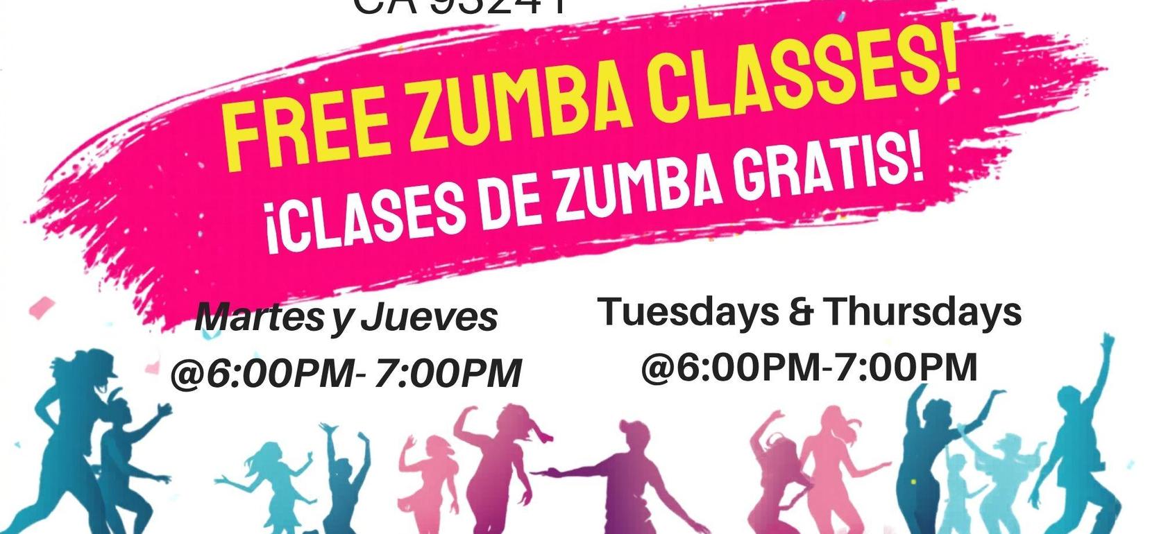 Zumba class promotional flyer with schedule and location details.