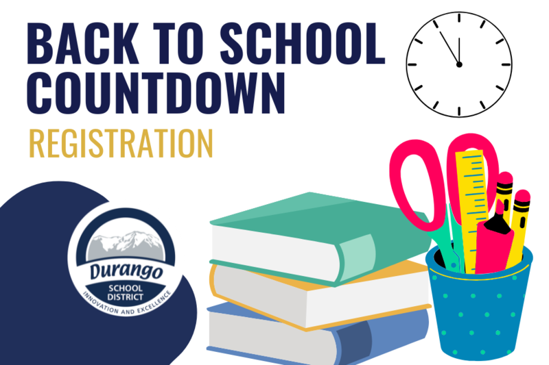 School supplies and textbooks near the words Back to School Countdown Registration