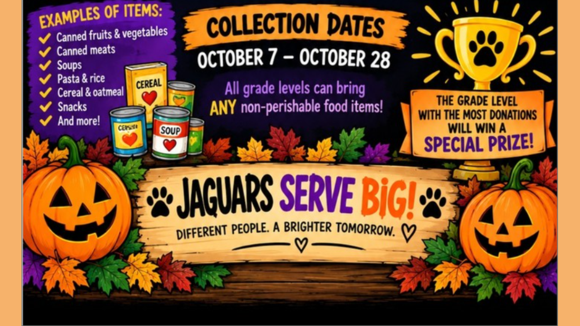 Fall-themed food drive announcement with pumpkins and autumn leaves.