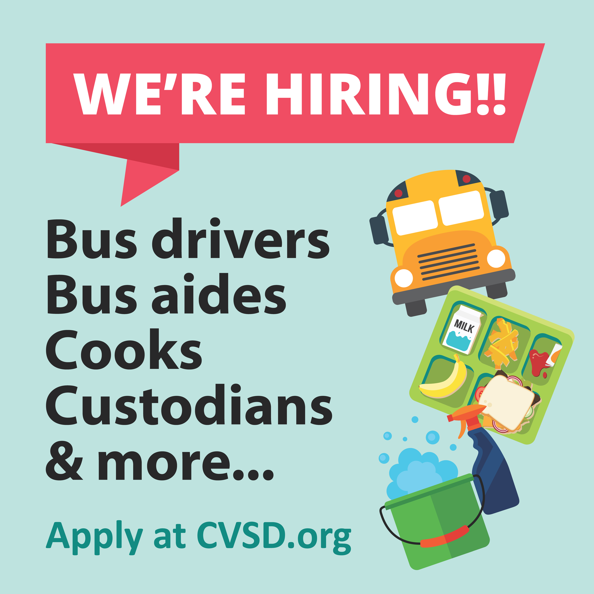We're Hiring Banner that says apply to be a bus driver, aid or other classified staff