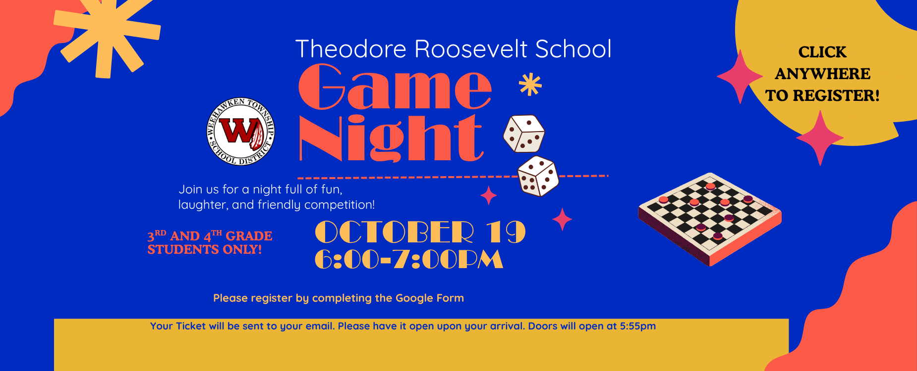 Theodore Roosevelt School
3rd & 4th Grade Game Night
October 19th 6PM - 7PM