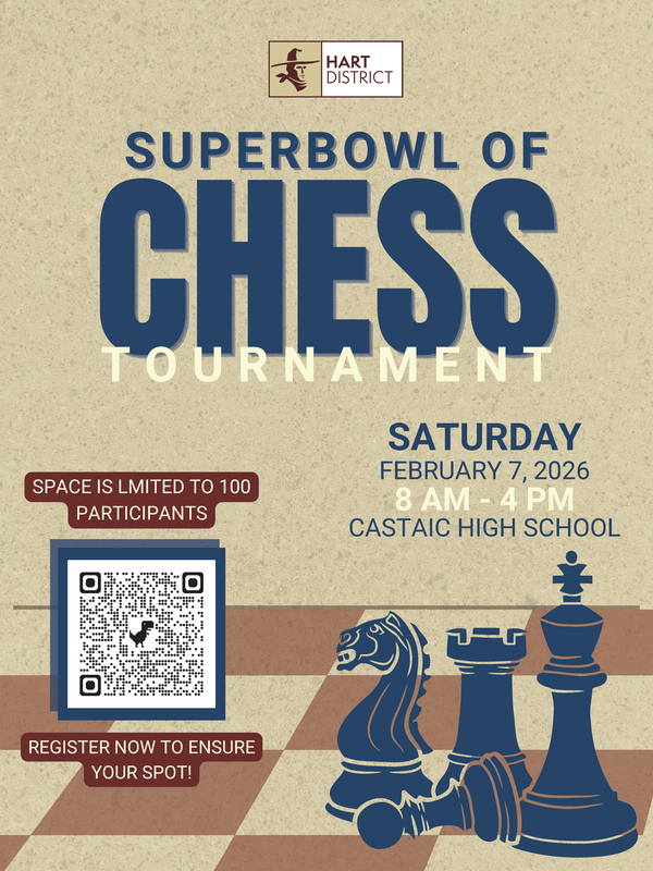 Superbowl of Chess Tournament Saturday February 7, 2026, 8am-4pm, Castaic High School. Space is limited to 100 participants Register now to ensure your spot! QR Code to registration page.