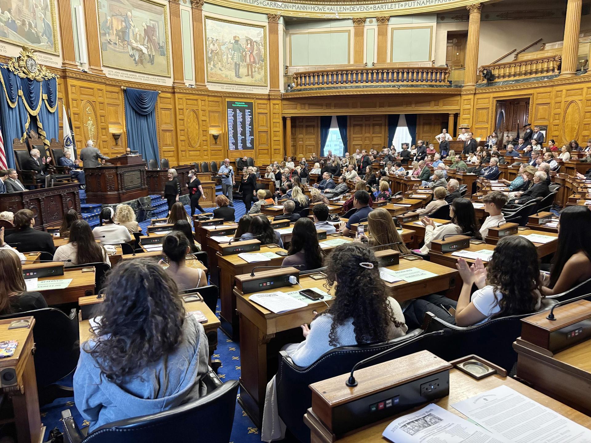 Large audience in a legislative chamber watching a session in progress.