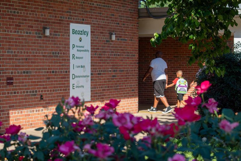 Beazley ES opening day with flowers in bloom.