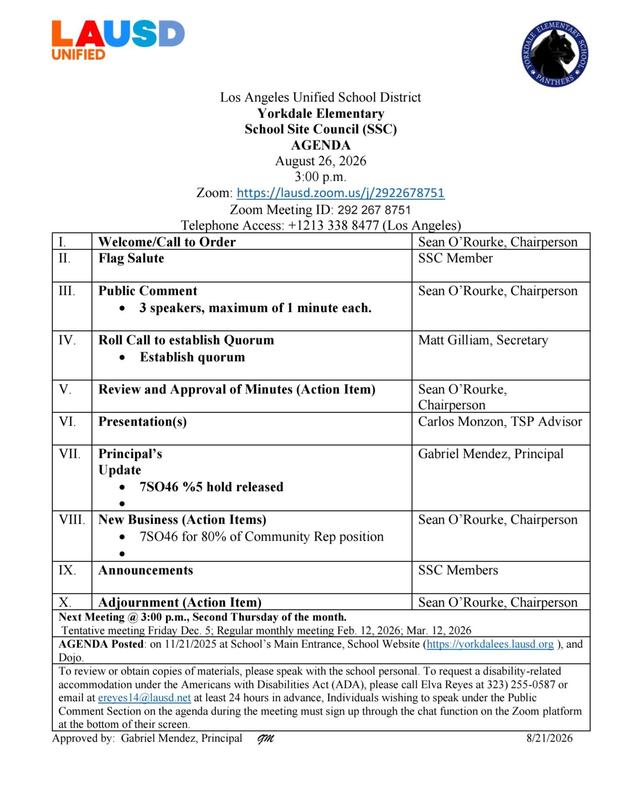 Agenda for SSC meeting on August 26