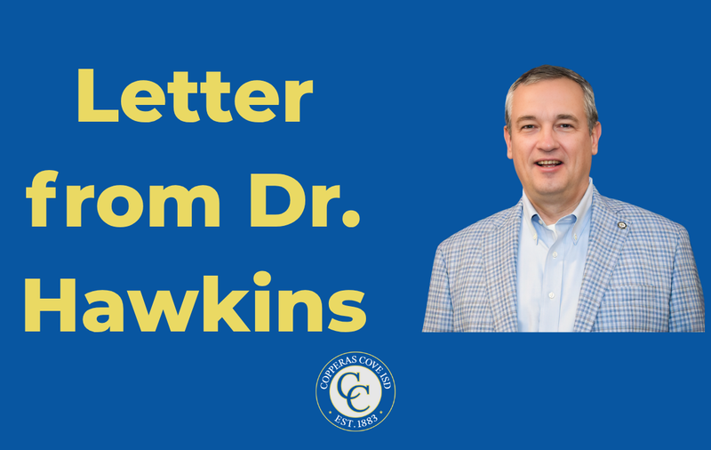 Graphic with CCISD logo, headshot of Dr. Brent Hawkins. Letter from Dr. Hawkins.