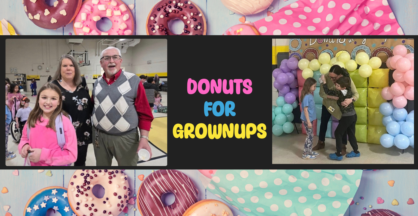Children and adults celebrating at a donut-themed event with colorful decorations.