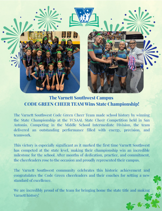 Varnett Southwest CODE GREEN Cheer Team Makes History! Featured Photo