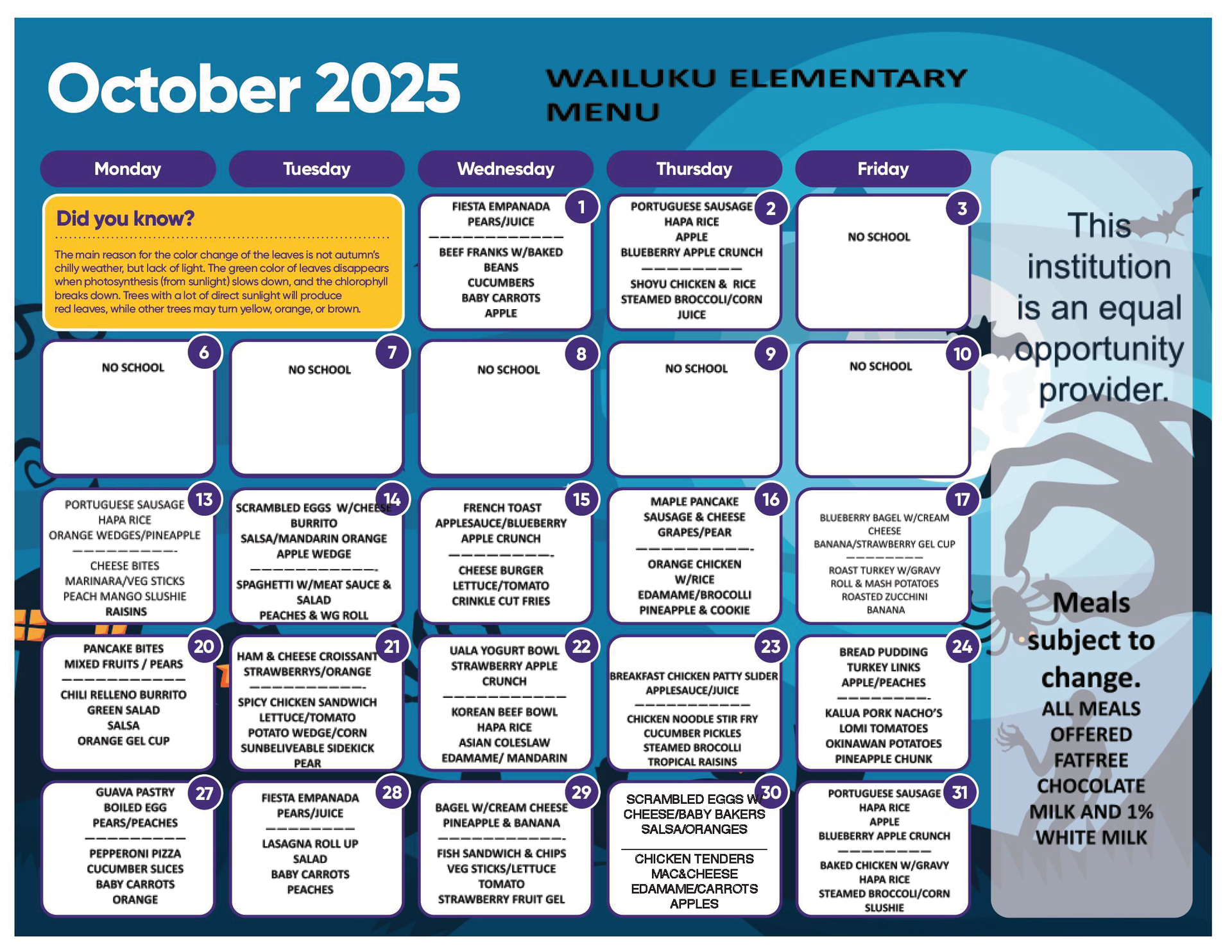 October Breakfast and Lunch Menu