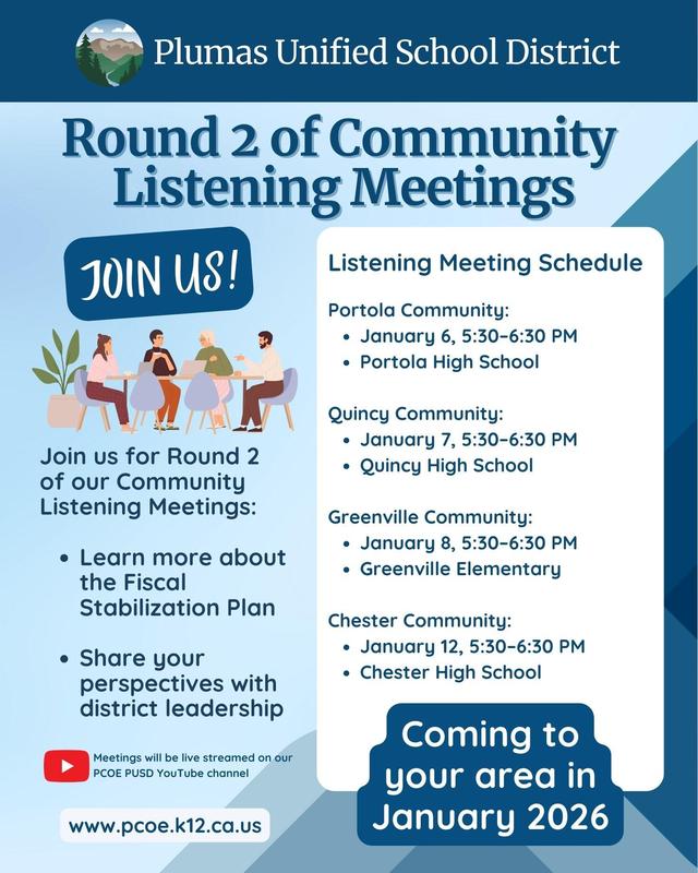 Plumas Unified School District announces Round 2 of Community Listening Meetings with a schedule for January 2026.