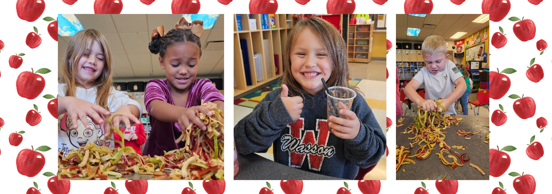 Children engaging with apple peels and snacks, showing excitement in a lively classroom.