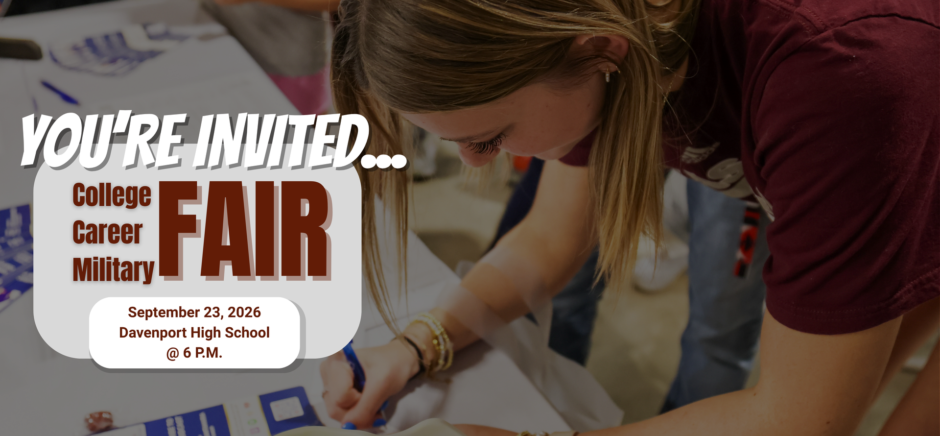 Invitation to a college, career, and military fair at Davenport High School.