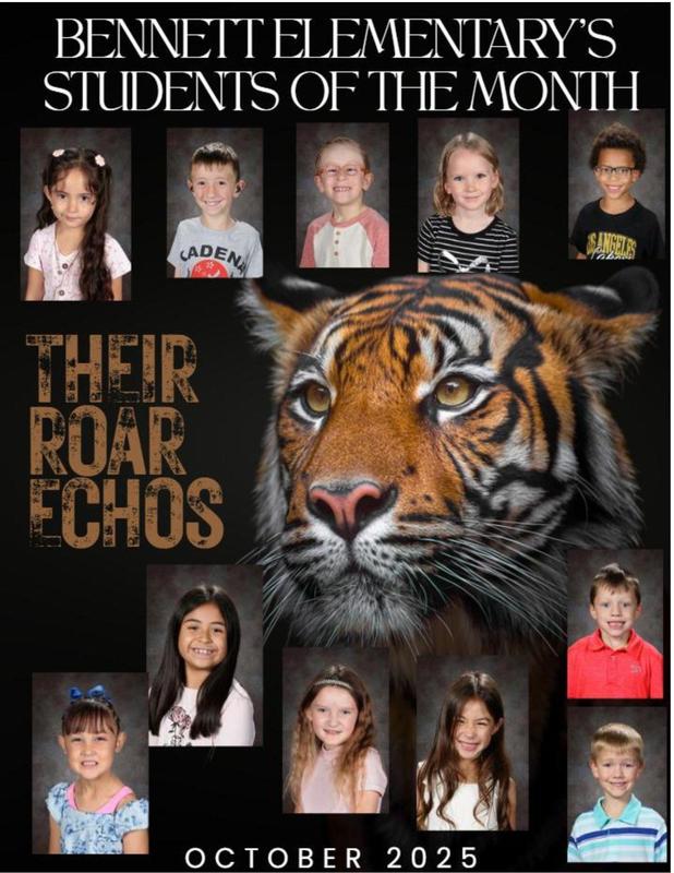 Collage of students at Bennett Elementary with a tiger face and the text 'Their Roar Echos'.