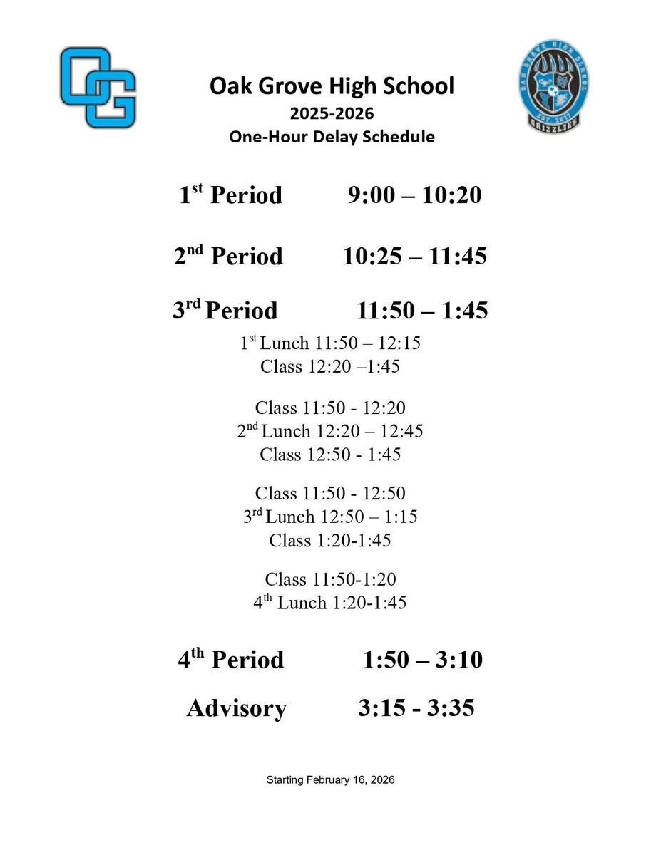 1 Hour delay Schedule