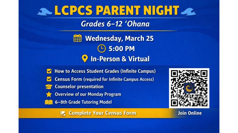 LCPCS Parent Night March 25th, 5:00 PM In Person & Virtual