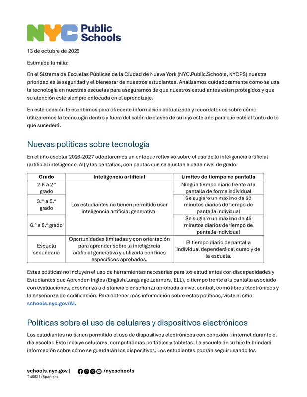 Family letter spanish