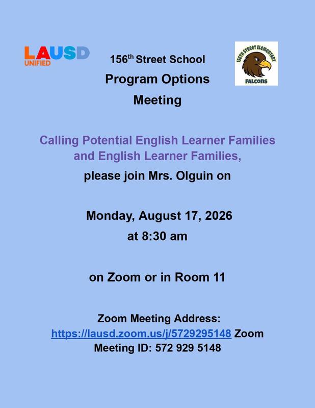 Program Options Meeting for Potential English Learners on 8/17/26 at 8:30 am via Zoom and in room 11