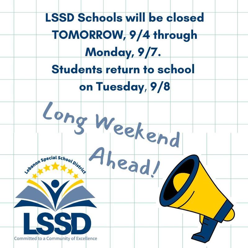 blue and yellow megaphone with words 'Long Weekend Ahead'  on a grid flyer