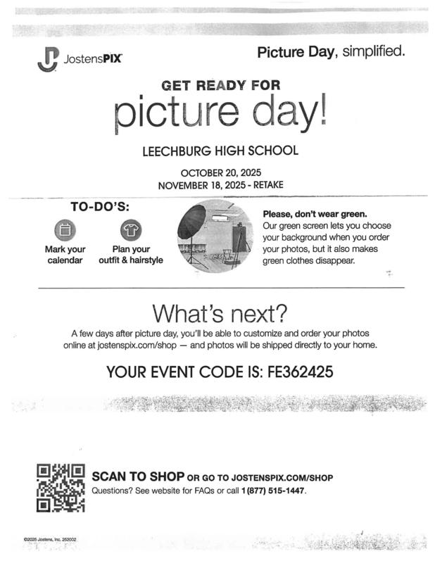 October 20th is Middle School and High School Picture Day.