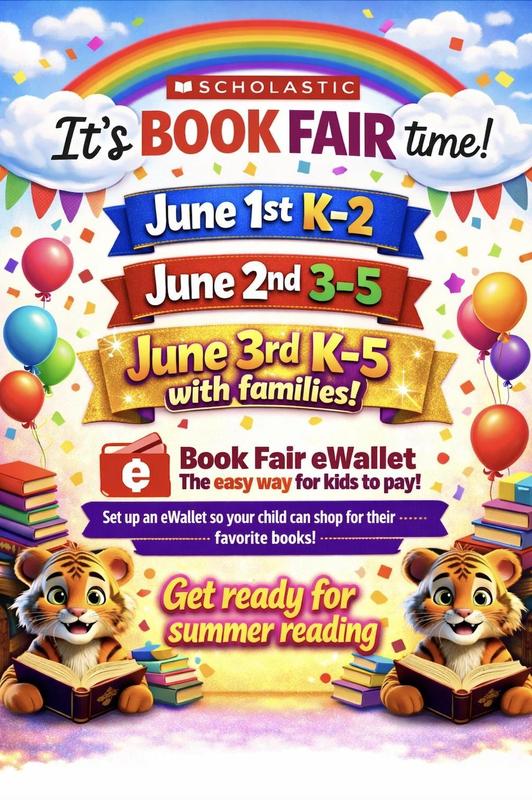colorful flyer for acholastic book fair june 1-3