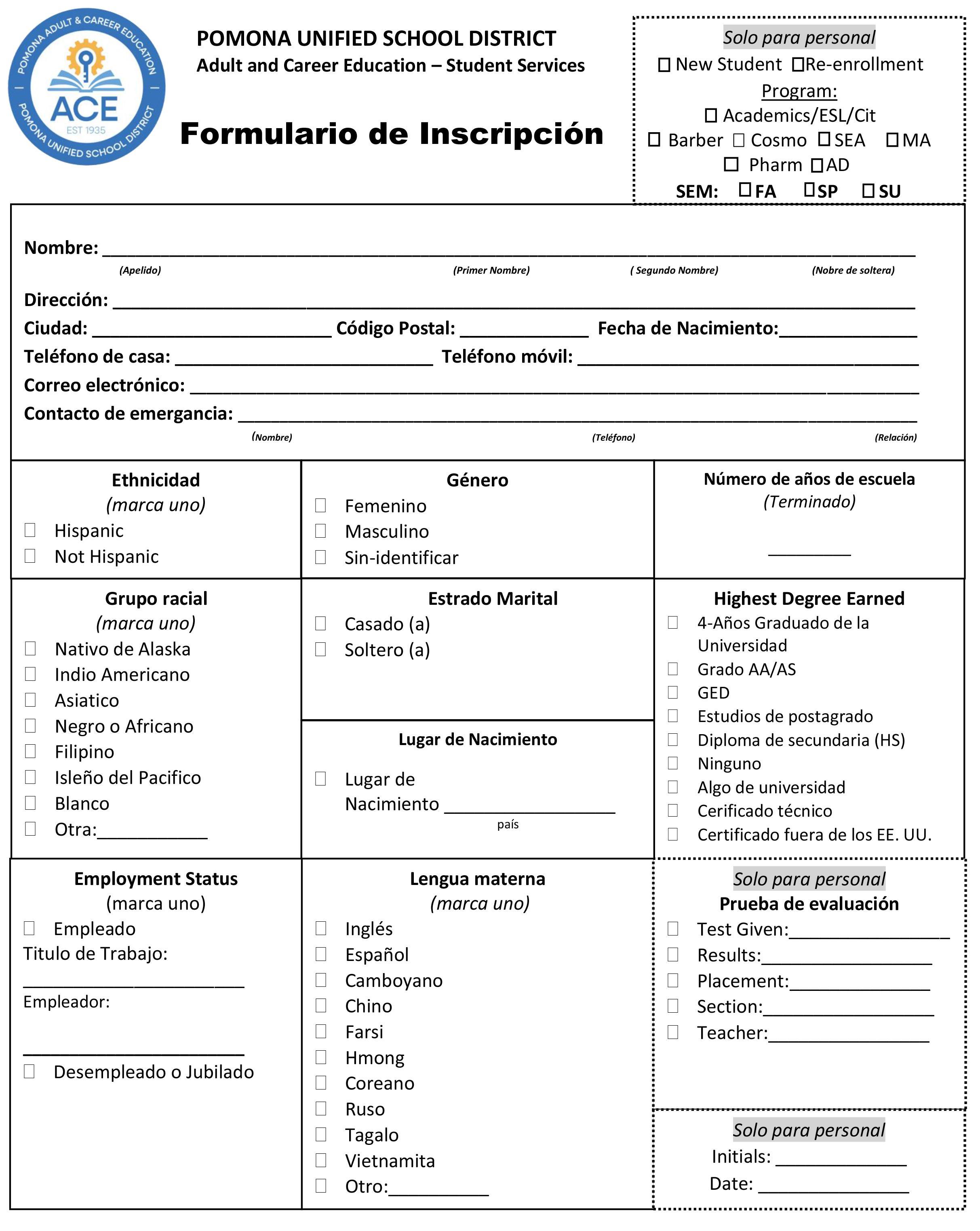 Photo of ACE Registration Form