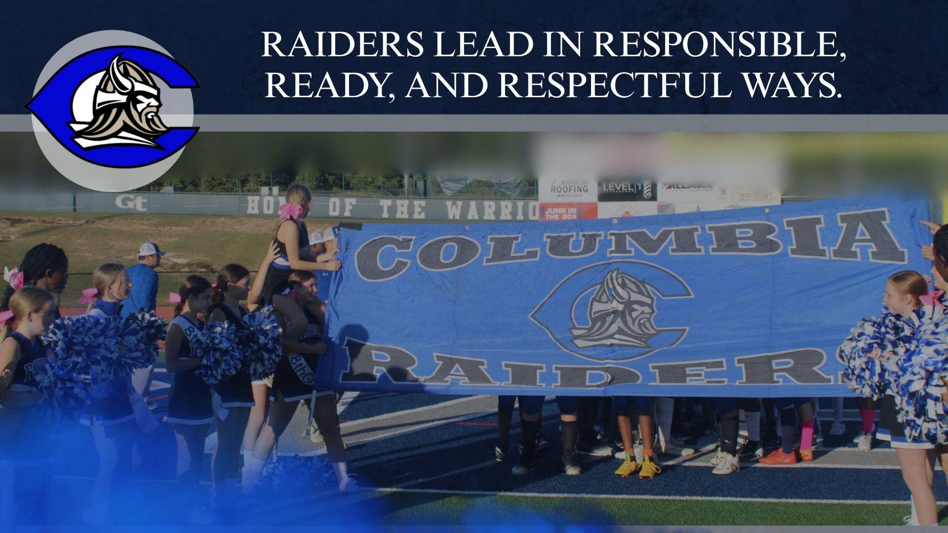 Cheerleaders hold a large banner promoting responsible leadership at a sporting event.