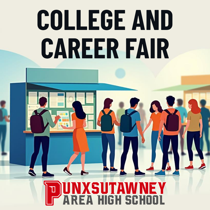 College and Career Fair text with graphic of students wearing backpacks visiting various booths