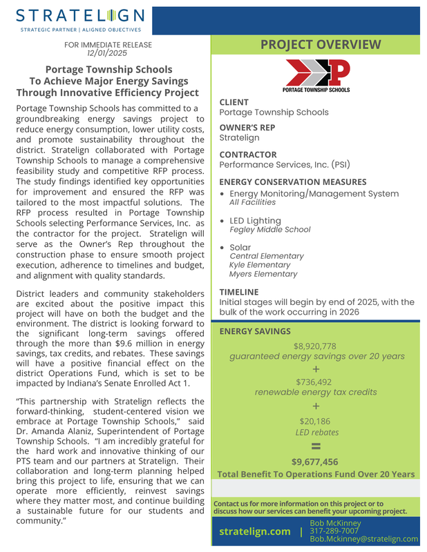 Press release and project overview for Portage Township Schools’ energy efficiency initiative with Stratelign and Performance Services, Inc. The layout includes text detailing energy savings, project timeline, conservation measures like LED lighting and solar, projected $9.6 million savings, and a quote from the superintendent. Includes logos, headings, and contact information.