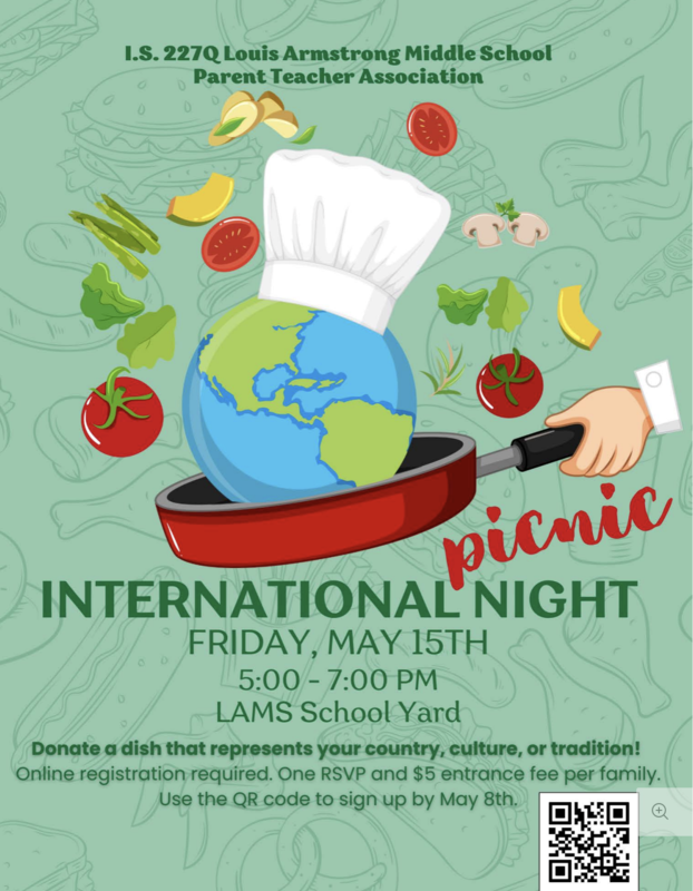 Green background with chef's hat announcing International Picnic Night.