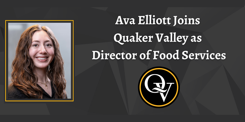 Image includes a headshot of a smiling woman with brown, curly hair. It also announces the hiring of Ava Elliott as QVSD Director of Food Services.