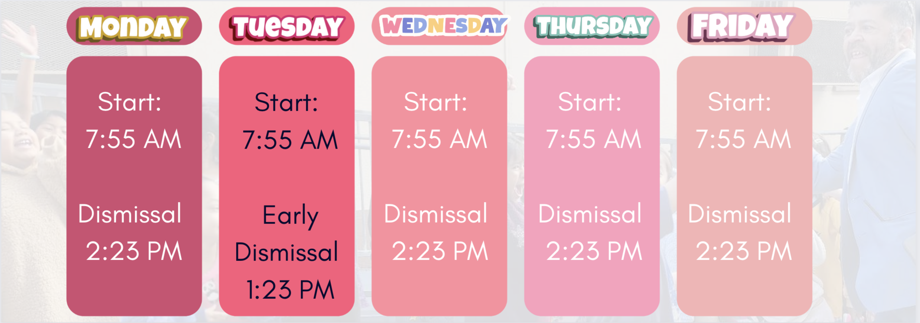 School starts 7:55 AM every day.  School dismisses 2:23 PM everyday except Tuesday, which dismisses at 1:23 PM.
